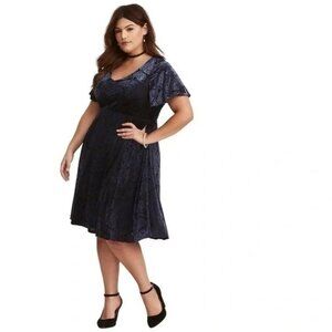 Torrid Navy Blue Plus Size Flocked Velvet Open Back V-Neck Skater Dress